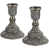 OwnMy Set of 2 Taper Candle Holders Vintage Metal Pillar Candlestick Holders 4&rdquo;H, Elegant Brass Candle Stick Holders Decorative Candelabra Set for Dining Table Centerpieces Wedding, Antique Bronze