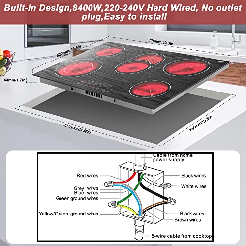 Karinear Electric Cooktop 30", Drop-in Electric StoveTop 5 Burners Ceramic Cooktop with Wooden Pattern, 8400W, 220~240V, No Outlet Plug, Glass Cooktop