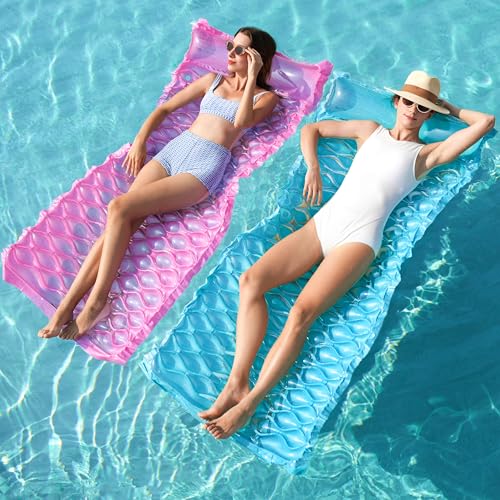 SLOOSH Inflatable Pool Floats Raft,Floating Lounge for Adults,64x32 inch Swimming Mat Pool Mattress with Headrest,2 Pieces Float Air Mat for Summer Water Beach Fun,Blue,Purple