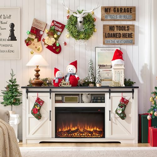 Image of 70 inchFireplace TV Stand for 80 Inch TV 32 inch Tall w /Drawer & Sliding Barn Door | Farmhouse 32 inch Tall Entertainment Center, 70 Inch Highboy Media Console for Living Room, Off White