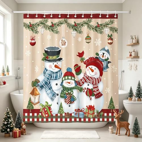 Christmas Snowman Family Shower Curtain 72x72 Inches Waterproof Polyester - Festive Holiday Bathroom Decor with Hooks, Winter Snowflake and Ornament Design