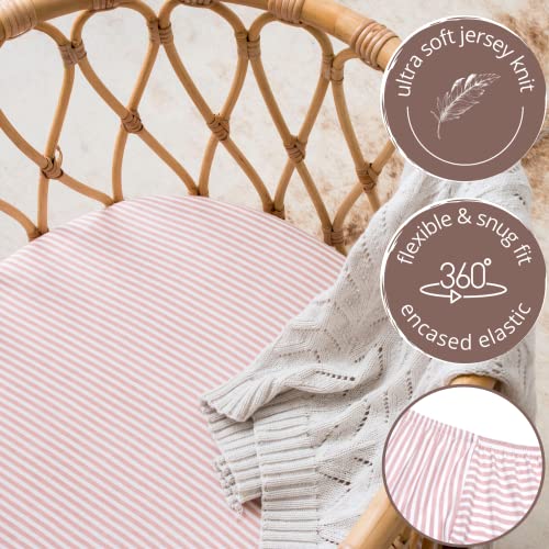 Poppi & Max 100% Organic Cotton Bassinet Sheet-3 Set | Bassinet Sheets For Baby Girl | Ultra Soft Jersey Knit, Fitted Baby Sheets For Universal Shaped Standard Bassinets | Pink Rose Heart Dot Stripe #TOP4