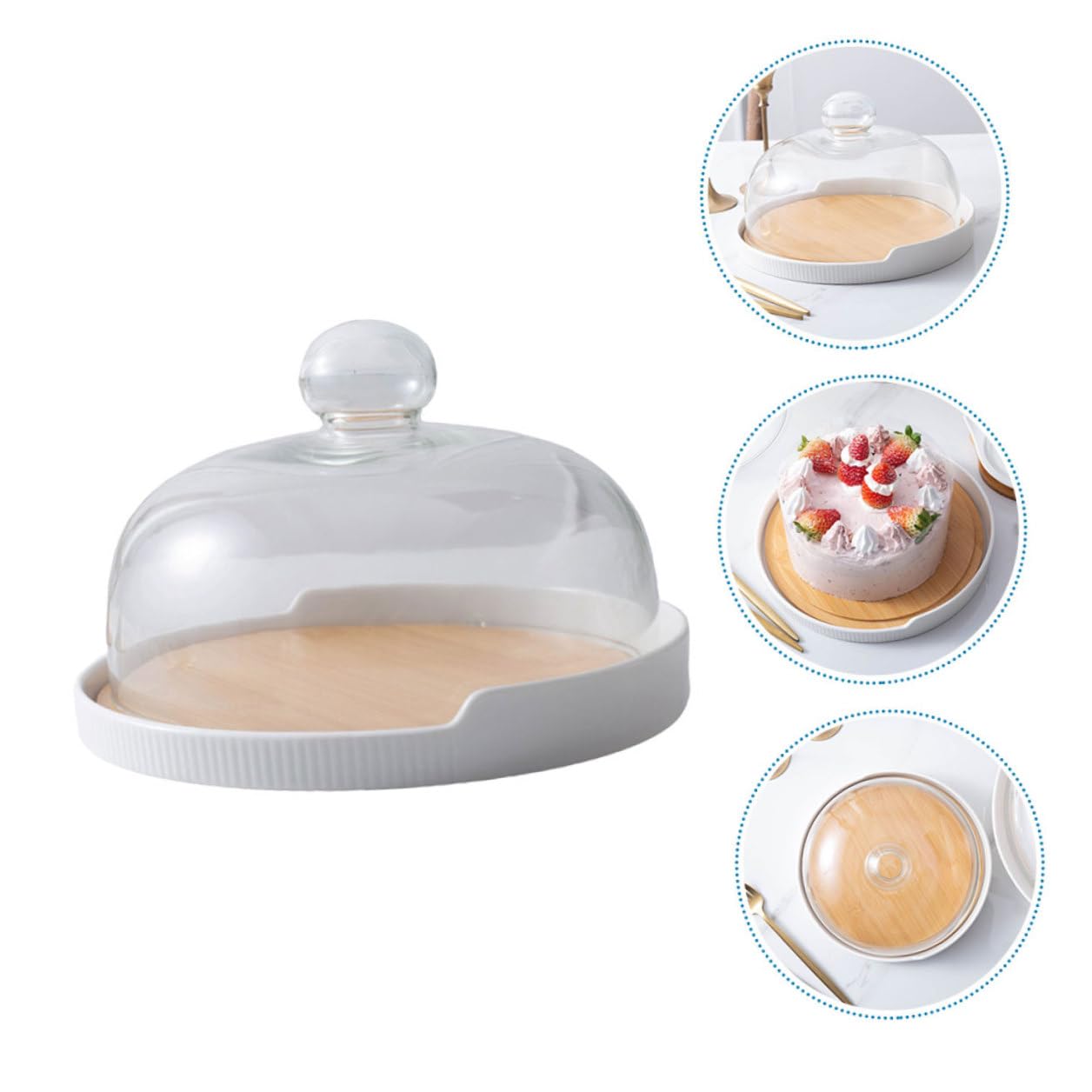 Alzata per Torta Rotante Design Semplice e Stile Elegante per Uso Domestico in Legno con Vassoio in Ceramica e Vetro Trasparente, Copertura con Manico, Set 1 Pezzo