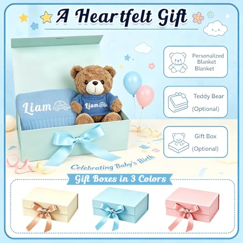 Image of Personalized Baby Blanket with Optional Teddy Bear, Custom Knit Blanket Embroidered with Name, 30x40in Custom Baby Gifts for Boys and Girls, Newborn for Boy /Girl