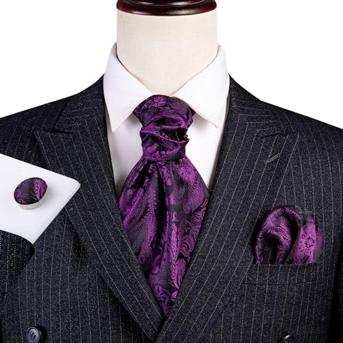 Image of Barry.Wang Ascot Ties Cravat Tie Men Paisley Plaid Scarf Self Tie Pocket Square Cufflinks Set Wedding Party