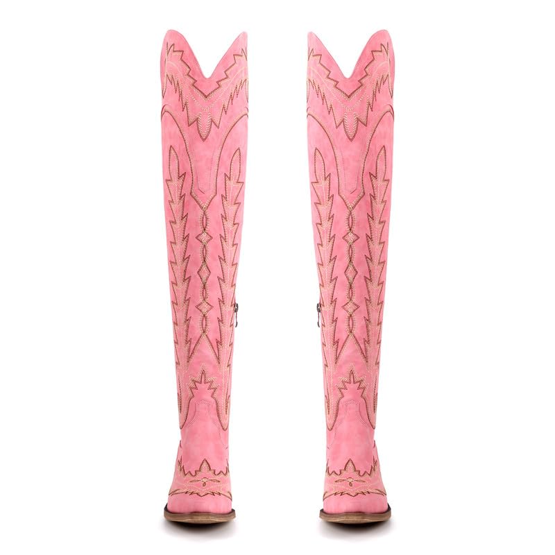 richealnini Women's Embroidery Western Cowboy Boots with Zippers Adjustable Lace Up Wide Calf Over Knee High Boots4