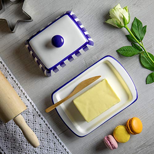 City to Cottage Large Butter Dish with Lid for Countertop, Ceramic Butter Keeper, Butter Container with Knob Handle, Butter Holder Tray with Cover, Handcrafted Navy Blue Stripe Coastal Butter Dish - Image 6