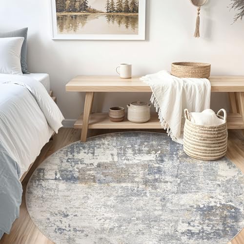 6ft Round Area Rug Living Room Rugs - 6x6 Washable Neutral Modern Abstract Soft Thin Rug Indoor Floor No Slip Rug Carpet for Bedroom Under Dining Table Home Office Decor - Blue Grey