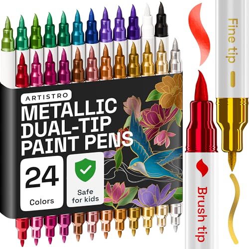 Artistro 24 Metallic Acrylstifte mit Doppelspitze (Pinsel & Feine Spitze), Mehrfarbig – Für Stoff, Leinwand, Stein, Glas, Holz & Papier – Perfekt für kreative Kinder, Teenager & Bastelfans