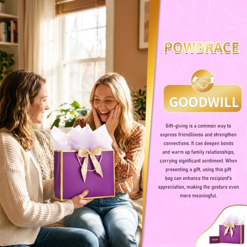 Image of Powbrace 13 inch Medium Purple Gift Bag Set with Handle - 2 Bags Featuring Bows, 4 Tissues, and 2 Greeting Cards for Wedding, Baby Shower, Father's Day, Mother's Day, Birthday Party