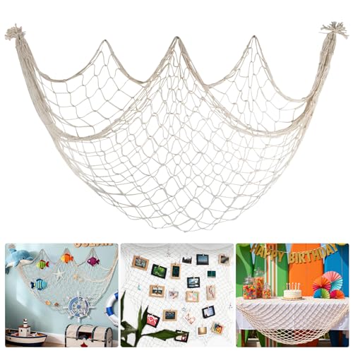 80x40 Inch Fishing Net Decor 3mm Beige Natural Cotton Large Decorative Fish Netting Table Runner Wall Ceiling Halloween Party Decorations for Pirate Under The Sea Nautical Mermaid Themed Party