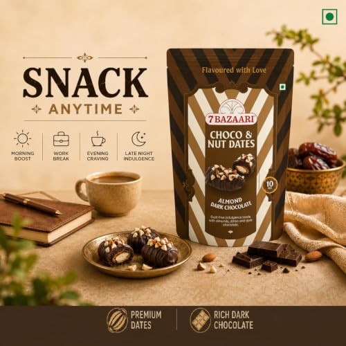 Image of 7 BAZAARI Premium Chocolate Dates with Almonds | Dark Chocolate Coated Dates Healthy Energy Snack | Gluten Free Gourmet Treat | 10 pcs