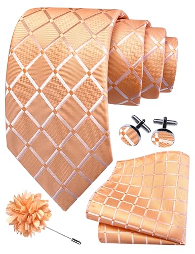 Image of GUSLESON 3.15 inch(8cm) Mens Tie and Lapel Pin Plaid Checkered Necktie Hankerchief Cufflinks Set for Men