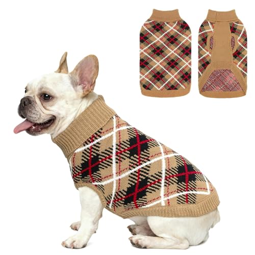 Image of BEAUTYZOO Small Dog Sweater, Plaid Knit Winter Clothes with Harness Hole