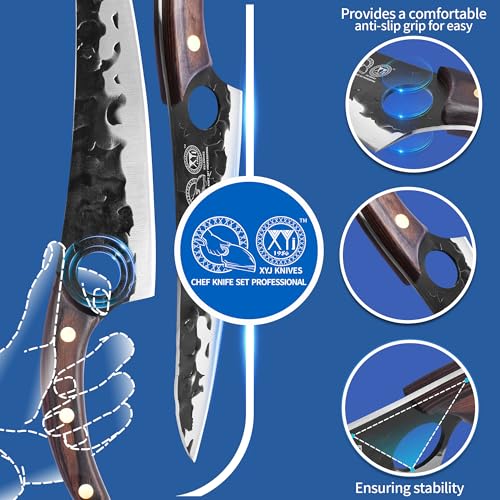 XYJ Professional Kitchen Knife Set with High-Carbon Steel Forged Blades, Chef's Knife, Cleaver, Carving Knife, Nakiri, Full Tang Design, Includes Carrying Bag & Poultry Scissors - Image 7