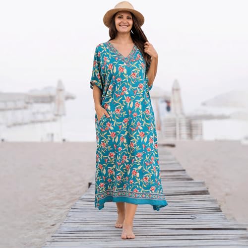 Image of Miss Lavish London Kaftan Dresses for Women Plus Size Long Batwing Sleeve Caftans, V Neck Moo Moo Printed Beach Cover Up Maxi Beach Dress, Bathing Suit Cover-Up Loungewear