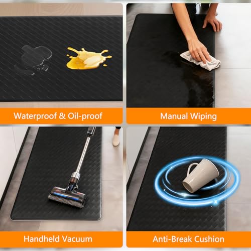 Kitchen Mat, 2 Pieces Non Slip Kitchen Rug Set, Anti Fatigue Soft Comfortable Standing Mat, Waterproof Oil Resistant Leather Cushioned Mats for Kitchen Floor Office, 44 x75cm+44 x150cm (Black) - Image 5