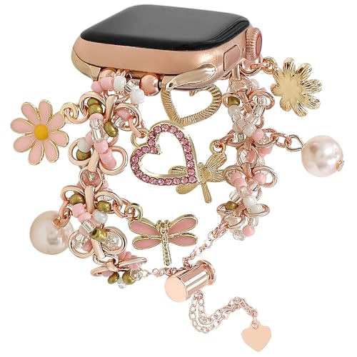 REALSIGN Cute Metal Band Compatible with Apple Watch 42 44 45 46 49mm Women Beads Link Chain with Sunflower Cherry Pendants Charms for iWatch Series 11 10 9 8 7 6 5 4 SE/Ultra 3 2 1 (Pink/Rose Gold 44MM)