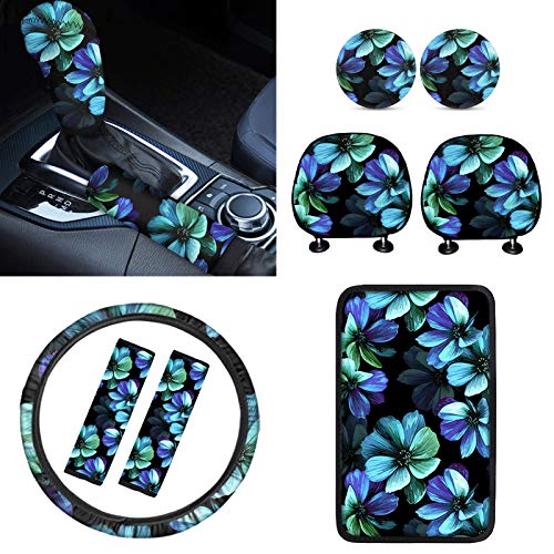 Micandle Full Set Car Accessories Aqua Flower Print Steering Wheel Cover Seat Belt Cover Armrest Cover Handbrake Gear Shift Knob Cover Car Coaster Headrest Cover, 10Pcs