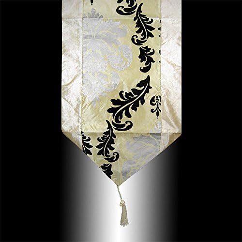 Beige Black Silver Damask Taffeta Table Runner Cloth