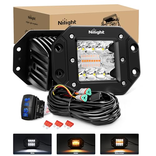 Image of Nilight Flush Mount LED Light Pods 2PCS 42W Amber White 3 Lighting Modes | Fog Lights Spot Flood Combo Beam with Dual Control 18AWG Wiring Harness for Truck Pickup Golf Cart UTV ATV SUV Boat 4x4 Car