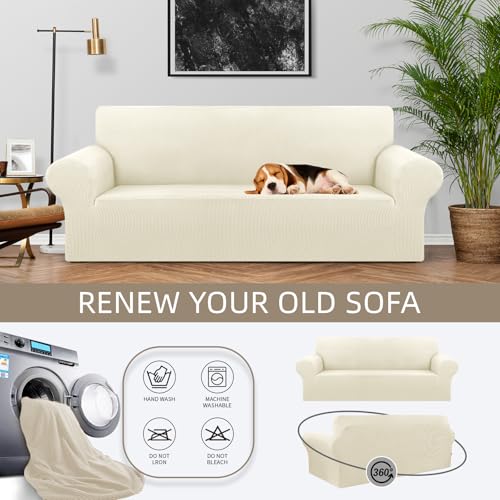 KEKUOU Stretch Sofa Cover Slipcover ,Couch Covers for 3 Cushion Couch Sofa pet Friendly (78"-94") Furniture Protector Sofa with Elastic Bottom for Kids,Dog, Jacquard Small Checked(Large,Beige)