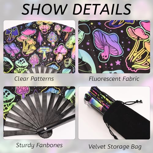 URROMA Foldable UV Glow Big Mushroom Hand Fan - Image 3