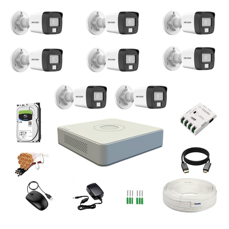Clocite HIKVISION Full HD 8 Channel DVR, 2 MP 8 Bullet Cameras [Color Night Vision + Built-in Audio MIC + Smart Dual Light + Motion Detection] + 2 TB HDD 8 CH SMPS + CCTV Cable + BNC & DC