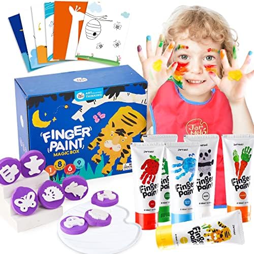 Jar Melo Safe Finger Paint for Toddlers 3 + Age Activity, 6 Color 25Pcs Full Kit, Non Toxic Washable Finger Painting Set, 2.1 fl.oz Art Supplies for Kids Boys Girls Gifts