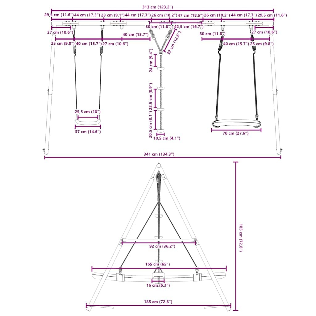 Schaukel-Set mit Schaukelsitz, Kletterschaukel, Nestschaukel aus lackiertem Stahl, 341x185x185 cm, 200 kg Belastbarkeit, für Garten, Outdoor Spielplatz, Kinderspielzeug, Bewegung, Balance