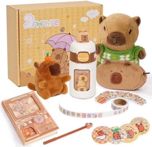 Capybara Plush for Kids 4 5 6 7 8 9 10+ Year Old Birthday Cute Capybara Plush Set with Stuffed Animal/Cup/Notebook/Bag/Pen/ Stickers/Badge/Keychain