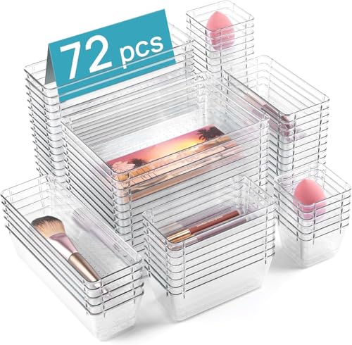 Vtopmart 72 Pack Clear Plastic Drawer Organizers Set, 4-Size Versatile Bathroom and Vanity Drawer Organizer Trays, Non-Slip Storage Bins for Makeup, Jewelries, Kitchen Utensils and Office Desk