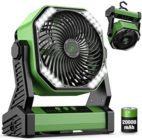 Zmirne Portable Fan for Travel, 20000mAh Rechargeable Battery Powered Fan, Run Up to 58H, High-Velocity Camping Fan with LED Light, Hanging Hook, Personal USB Desk Fan for Tent, Shop,Garage(Green)