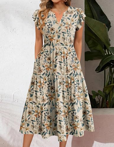 Image of ZEAGOO Womens Summer Casual Dresses Ruffle Sleeve V Neck Midi Dress Flowy Tiered Dress with Pockets Boho Sundresses