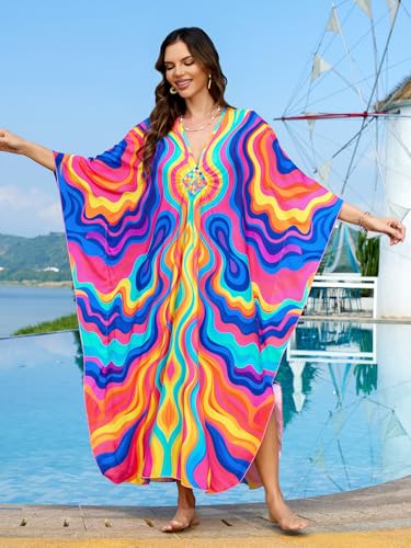Image of IMAGEKOPE Women's Plus Size Animal Print V-Neck Batwing Kaftan Beach Dress Bathing Suit Cover-Up Loungewear