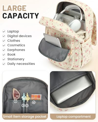 Image of Corduroy Laptop Backpack for Women, Fits 15.6 Inch Computer Bag, College High School Bookbag Travel Daypack Purse, Work Business Bags - Beige Corduroy Floral Pink