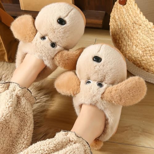 Plüsch Hausschuhe Mädchen Junge Hund Pantoffeln Gefüttert Warm Tierhausschuhe Winter Hause Schuhe Anti Rutsch Winterschuhe (Khaki, 36, Jugendliche, Damen, 36, Numerisch, EU Schuhgrößensystem, M)