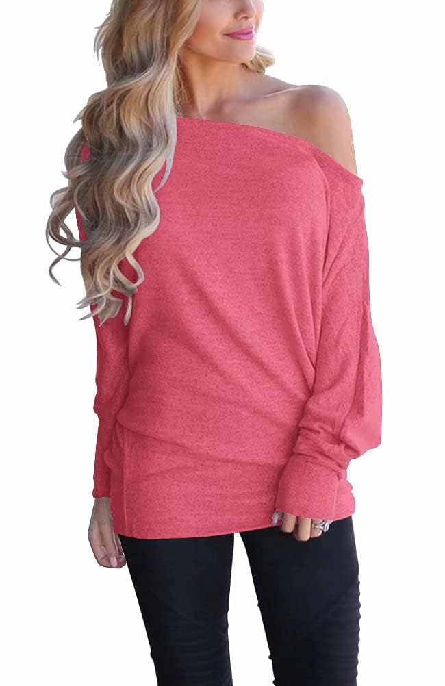 Lacozy Women's Off Shoulder Long Sleeve Oversized Pullover Sweater Knit Jumper Loose Tunic Tops