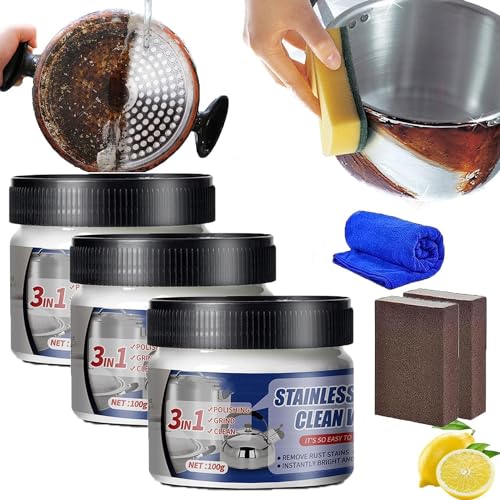 Qklovni Cera limpia de acero inoxidable, pasta de pulido de metal, limpiador mágico de acero inoxidable con tecnología nano, 100 g (3 piezas)
