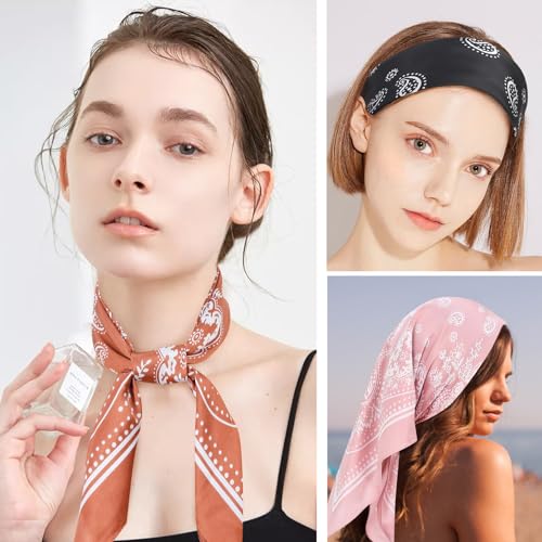 Image of Fishinsea 4 Pcs 27.5'' x 27.5'' Satin Silk Head Scarf Hair Scarves Large Bandanas Neck Scarf for Women Girls