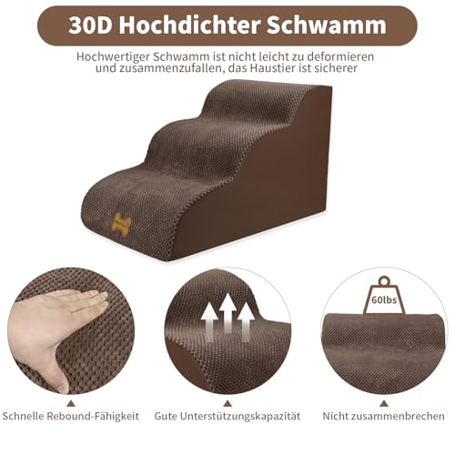 Nepfaivy Hundetreppe für Kleine Hunde 3-Stufig, Haustiertreppe für Bett und Sofa aus Hochdichtem Schwamm, Hunde Treppe Hunderampe mit Abnehmbarem, Waschbarem Bezug und Rutschfestem Boden, 60x40x40cm