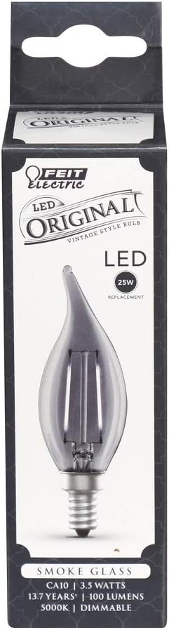 Feit Electric – “Original” Vintage Exposed Filament Smoke Glass Daylight (5000K) Flame Tip CA10 Dimmable LED Light Bulb, (CFT/SMK/VG/LED)