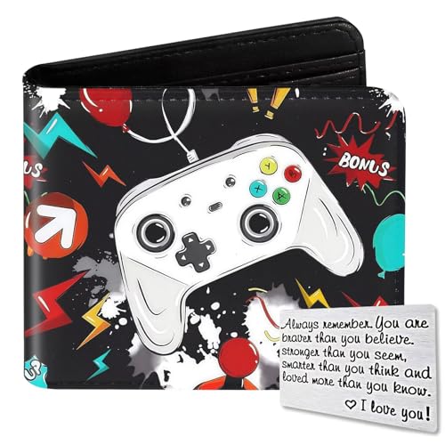 Huuitan Kids Wallet for Boys Cool Wallets for Teen Son Ages 4 5 6 7 8 9 10 11 12 13 14 15 16 Leather Bifold Purse for Kid Christmas Birthday Gift for Video Game Gaming Gamer Teenage