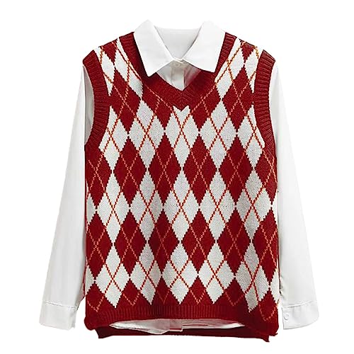 Image of Sweater Vest Women,Sleeveless V Neck Argyle Plaid Long Preppy Loose Knitted Casual School Sweaters Tank Top