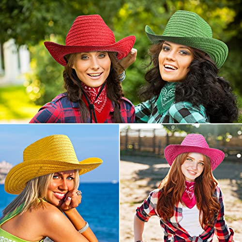 Satinior 12 Set Straw Cowboy Hats And Bandanas Party Pack Cowboy Party Hat Costume Head Bandana Bulk Western Accessories (Bright Colors, Classic Style) #TOP3
