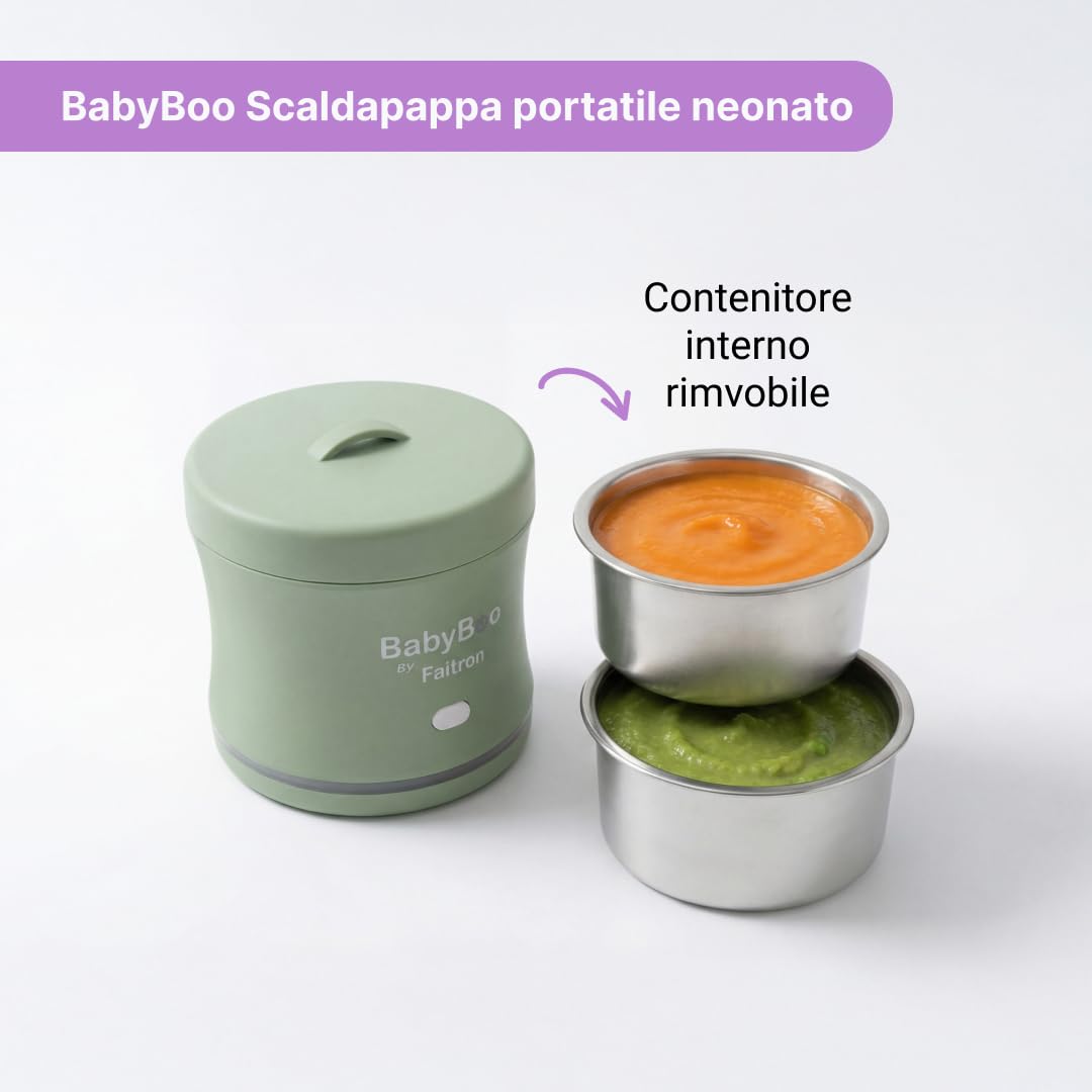 BabyBoo Scaldapappe Portatile – Scaldabiberon e Pappa con Batteria, Controllo App, Riscaldamento Rapido 70W, Anello LED, fino a 45°C, Vaschetta Rimovibile, USB-C – Casa e Viaggio