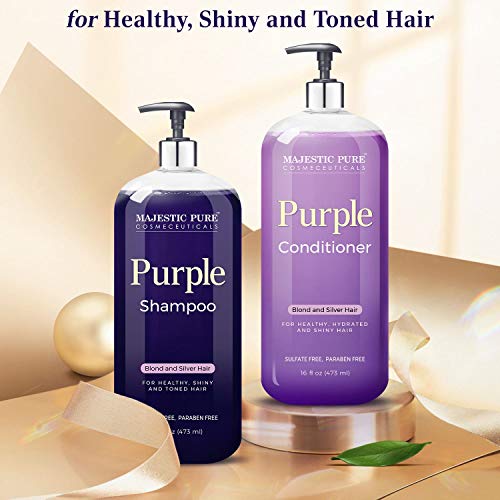 MAJESTIC PURE Purple Shampoo and Conditioner Set - Tones & Brighten Blonde, Platinum, and Silver Hair, Sulfate Free & Paraben Free, 16 fl oz each