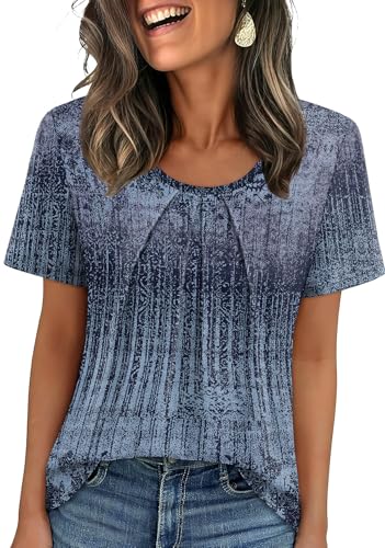 Image of WIHOLL Women T Shirts Pleated Short Sleeve Tops Business Casual Blouses | Loose Fit, Dressy Casual, Trendy 2026, Flowy, Boho