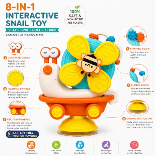Image of PLUSPOINT Snail-Shaped Friction Powered Spinner Toy for Babies & Toddlers | Colorful Suction Cup Spinner for Window & Bath | Sensory Montessori Activity Toy for Fine Motor Skills