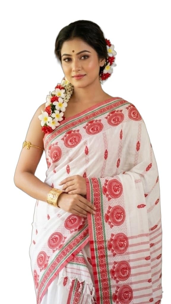 Adivasi Geometric Cotton Saree Red and White without Blouse-image-44